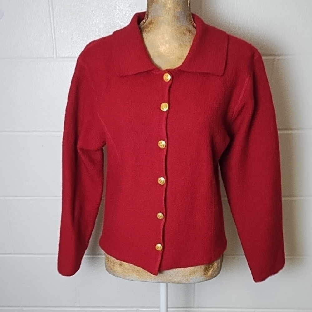 Dark Red Wool Cardigan with Gold Buttons - Picture 1 of 15